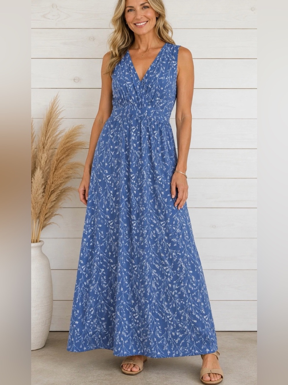 41 Hawthorn Adelina Floral Sleeveless V-Neck Flowy Maxi Dress Women 2X Coastal
